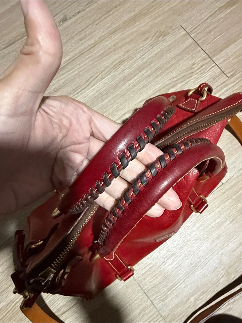 Dooney & Bourke Red Leather Shoulder Satchel with Brass Accents